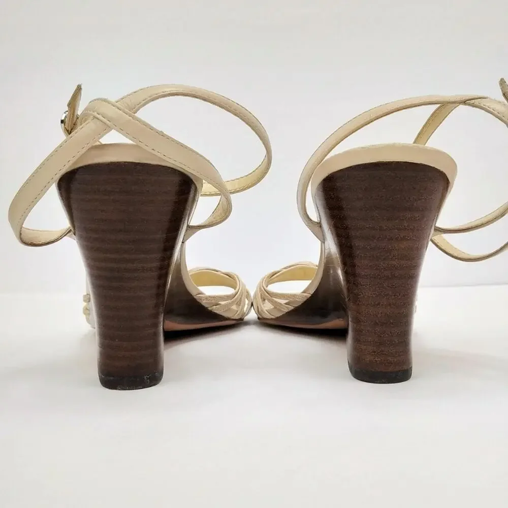 Ann Taylor Beige Leather Ankle Wrap Wedges